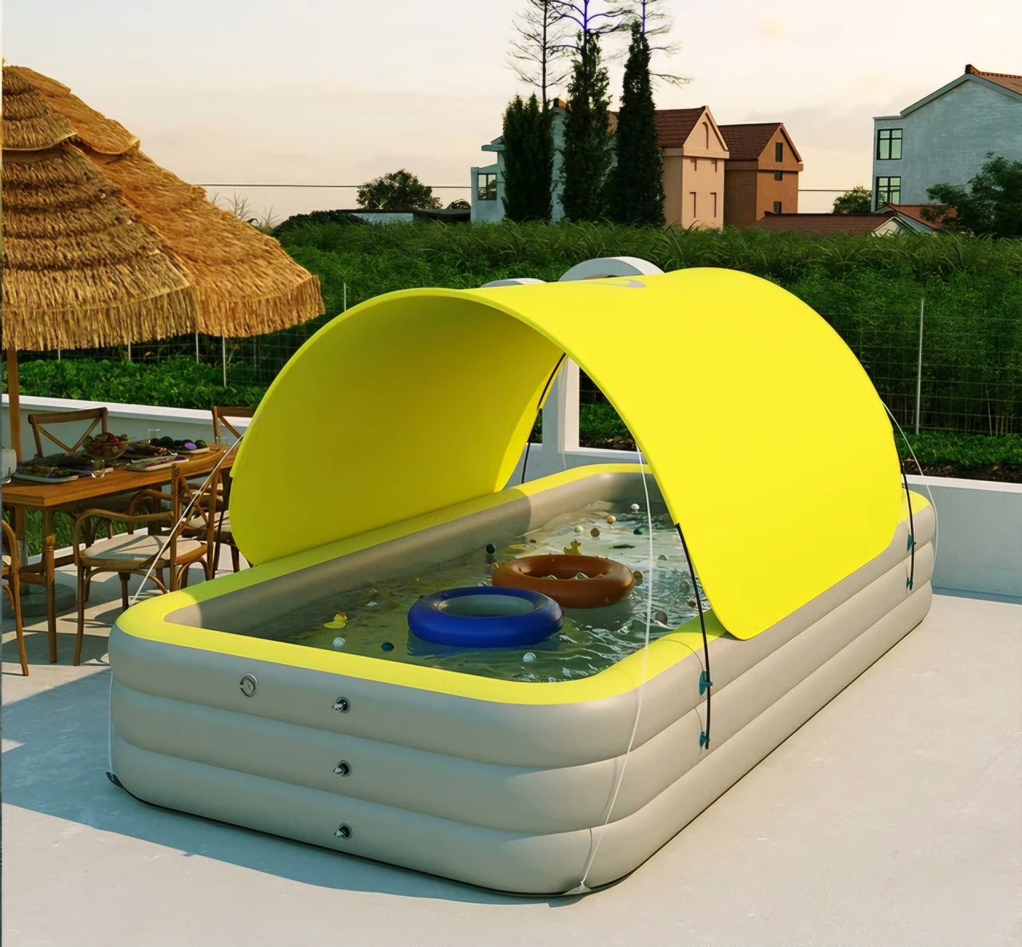 A portable inflatable pool with a skating rink for kids